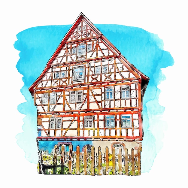 Vettore illustrazione disegnata a mano dell'acquerello di altensteig germania isolata su priorità bassa bianca