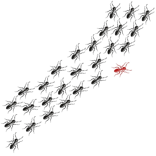 Вектор Изменился путь красного муравья среди одинаковых черных. понятие об уникальности мыслящего человека.
