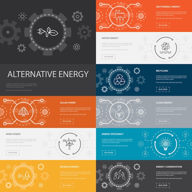 Alternatieve energie Infographic 10 lijn pictogrammen banners. Zonne-energie, windenergie, geothermische energie, recycling eenvoudige pictogrammen