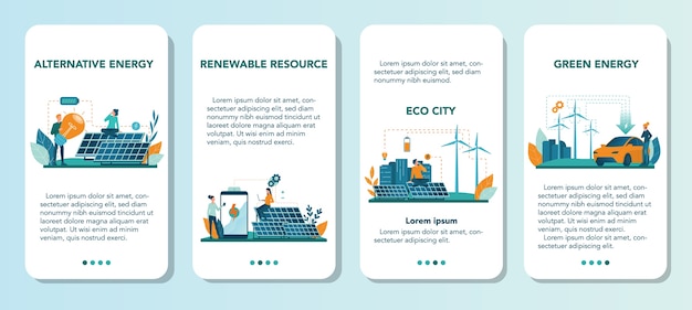 Alternatieve energie mobiele applicatie banner set. Idee van ecologie frinedly macht en elektriciteit. Red het milieu. Zonnepaneel en windmolen. Geïsoleerde platte vectorillustratie