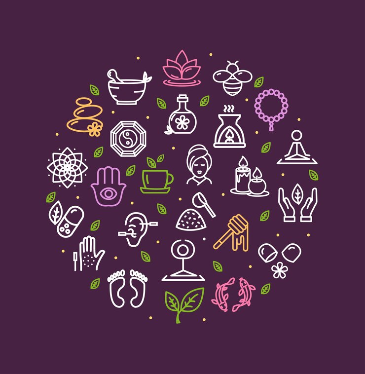 Vector alternatieve geneeskunde ronde ontwerpsjabloon contourlijnen pictogram concept vector