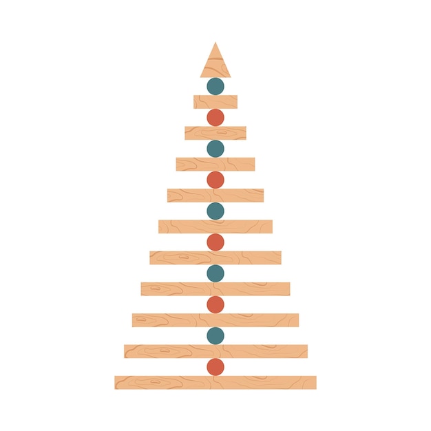 Alternative eco friendly Christmas tree Cone from wooden planks and red green balls Symbol New Year Plastic free holidays concept Flat design