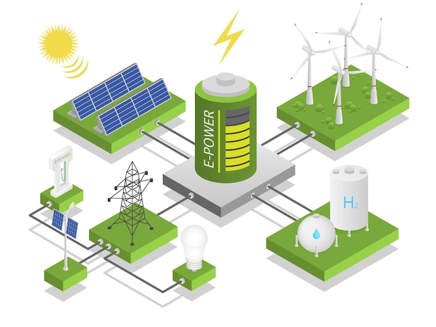 代替電気エネルギー。電力発電資源、エコシステムブロックチェーン、ソーラーパネル、風車。補充可能な資源とリサイクル可能な廃棄物の生態学的ベクトル等角図の概念