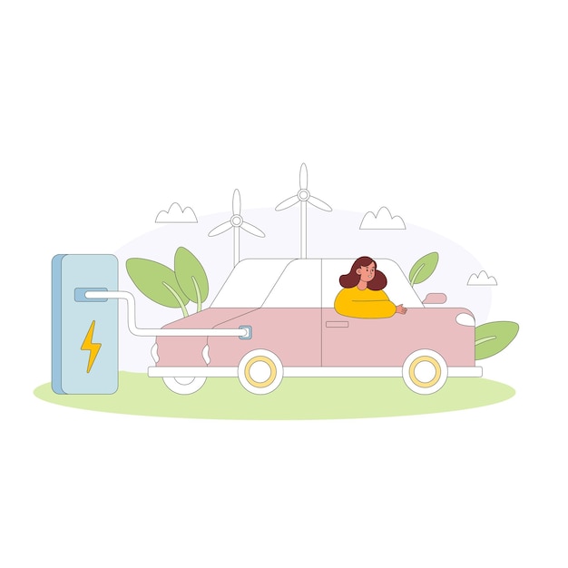 Alternative electric transport clean tech for nature protection color 2d vector graphic