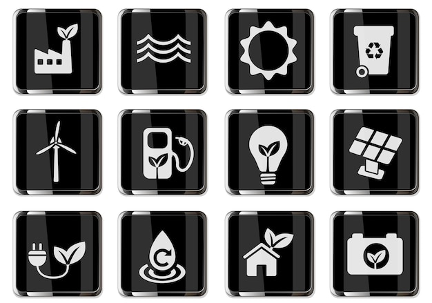 Alternative energetics pictograms in black chrome buttons. icons set for user interface design