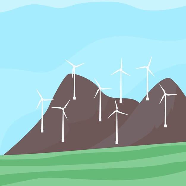 Alternative energy resource with wind turbines summer landscape and windmill