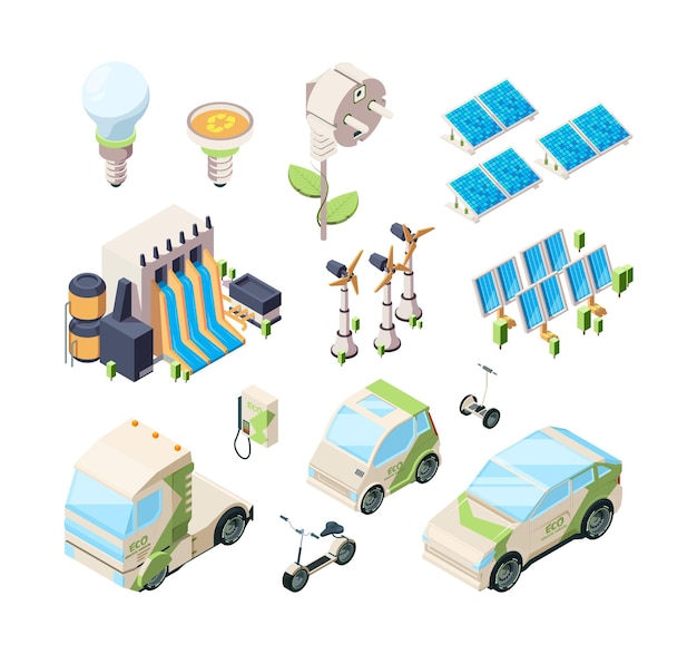 Alternative energy set. solar panels green chargers industrial eco systems windmill modern isometric vector set. solar power energy, electric conservation industry illustration