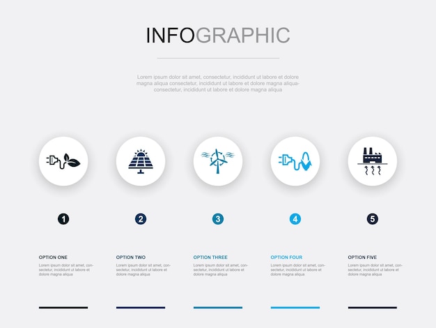 Alternative energy solar power wind power biomass energy geothermal energy icons infographic design template creative concept with 5 steps