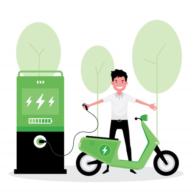 Energia alternativa o verde caratterizza un uomo carica elettrica al suo scooter