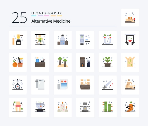 Альтернативная медицина 25 flat color icon pack, включая физику, производит здравоохранение, природную экологию