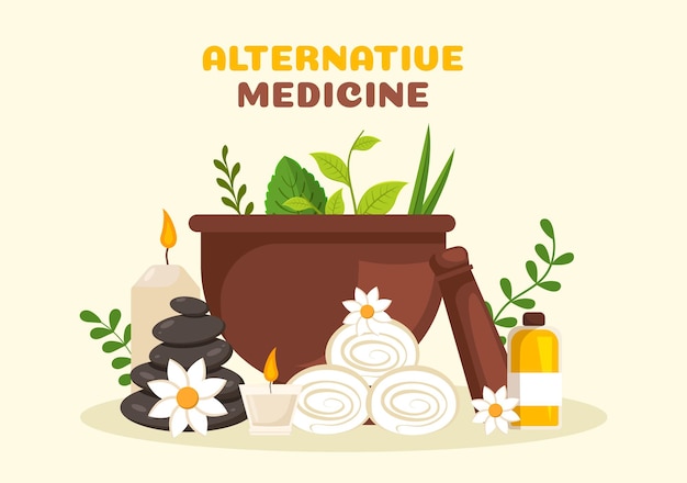 Alternative Medicine or Herbal Cure of Energy Therapies with Ginseng Root and Seeds in Illustration