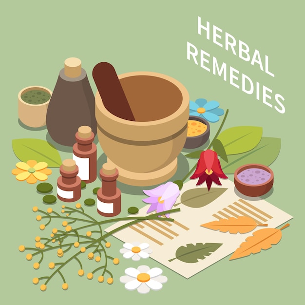 Vector alternative medicine isometric composition with images of vials flower buds leaves with pounder and editable text vector illustration