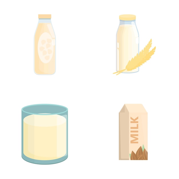 alternative milk icons set cartoon vector vegan milk in carton box and glass