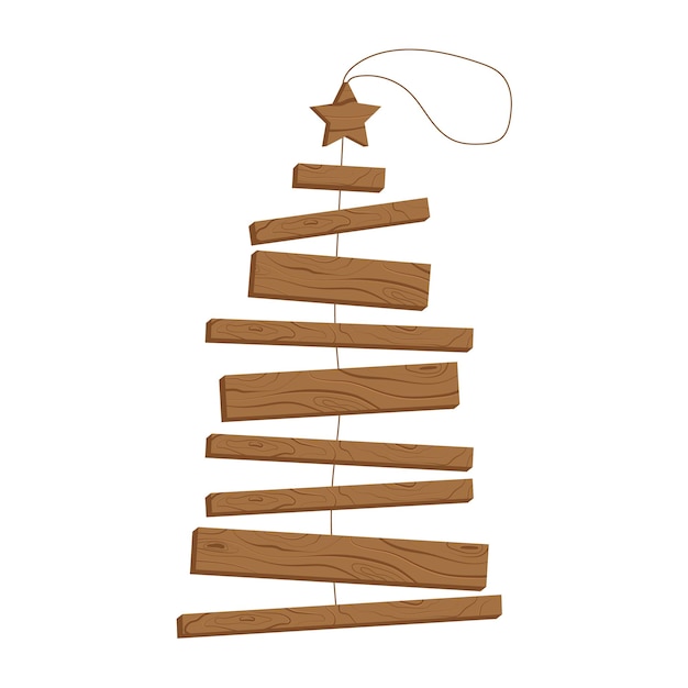 Alternative natural eco Christmas tree with a star from wooden planks on rope Handmade decoration for Christmas and New Year holidays Plastic free concept Design element