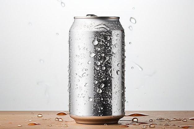 Aluminum can with water drops