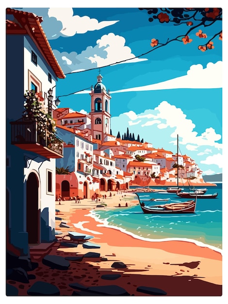 Вектор Винтажный туристический плакат alvor portugal, сувенирная открытка, портретная живопись, иллюстрация wpa