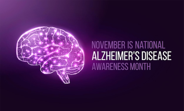 Concetto di mese di consapevolezza della malattia di alzheimer. modello di banner con nastro viola e testo. illustrazione vettoriale.