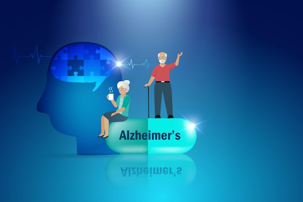 Лекарство от болезни альцгеймера от деменции болезни альцгеймера счастливая пожилая пара сидит на капсульной таблетке от болезни альцгеймера, чтобы бороться с воспоминаниями и потерянным мозгом всемирный день болезни альцгеймера и концепция терапии