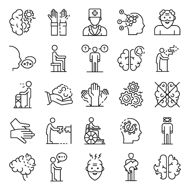 Alzheimers disease icons set, outline style