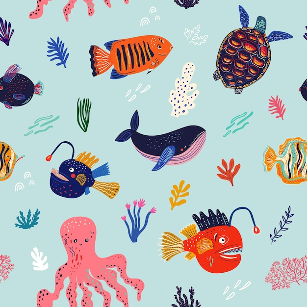 Vector amaizing seamless pattern with fishes, whale, octopus and turtle