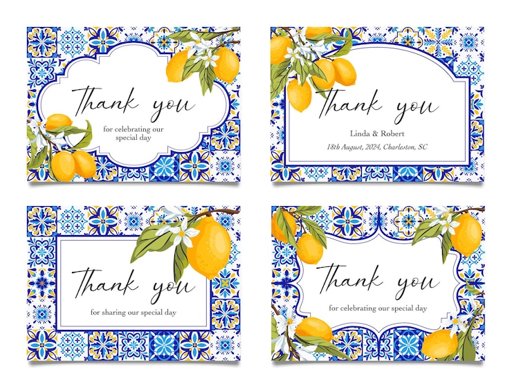 Vector amalfi coast thank you card blue tiles and lemons