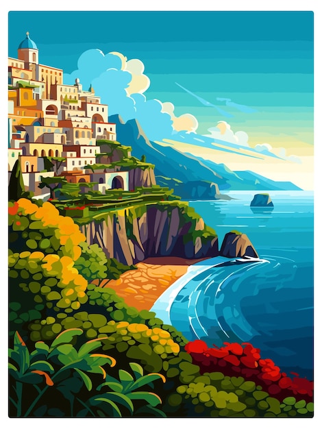 Vector amalfi italië decoratie vintage reisposter souvenir postkaart portret schilderij wpa illustratie