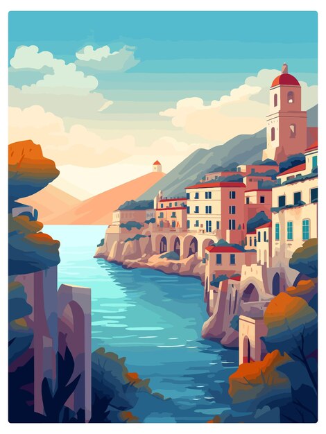 Vettore amalfi italia decorazione vintage poster di viaggio souvenir cartolina ritratto pittura wpa illustrazione