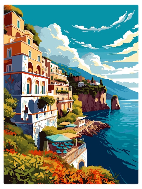 Vector amalfi italy decoration vintage travel poster souvenir postcard portrait painting wpa illustration