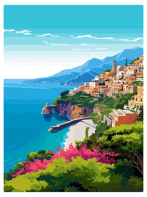 Vector amalfi italy vintage travel poster souvenir postcard portrait painting wpa illustration