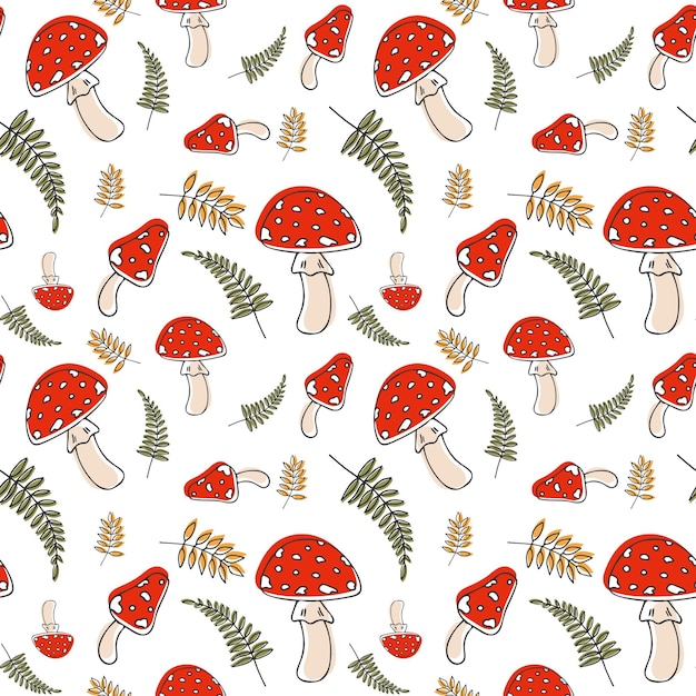 Amanita and autumn leaves seamless pattern Doodle line Forest natural mushroom background