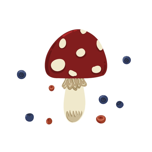 Amanita flat design with berries isolated object