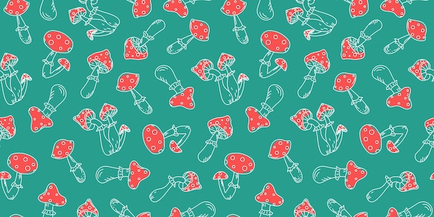 Amanita fly agaric mushrooms seamless pattern poisonous mushrooms drawing vector background doodle