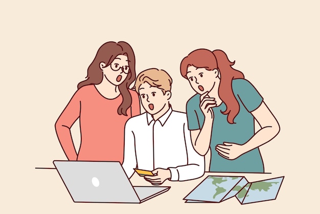 amazed friends with credit card shopping online choosing travel package or hotel for shared vacation