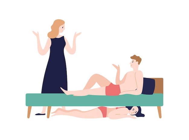 Vector amazed woman incriminate husband in underwear at bedroom with mistress isolated on white. womanizer man lying on bed over hiding girlfriend vector flat illustration. love triangle concept.