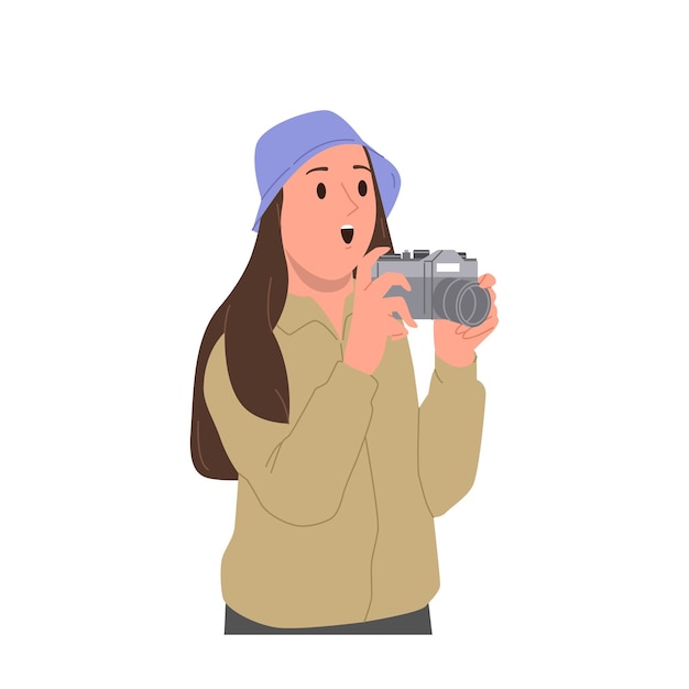amazed young woman tourist cartoon camera taking picture with digital camera isolated on white