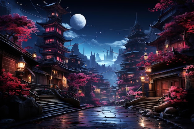 Vector amazing 2d illustration of night waterfalls scenery with ruins and temple