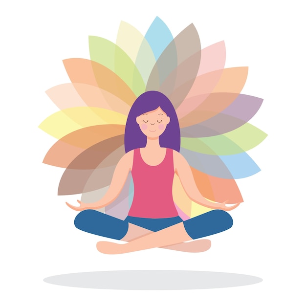 Cute beautiful cartoon girl in yoga lotus pose, meditating and relaxing.  Yoga practice in the park. Vector illustration. Stock Vector