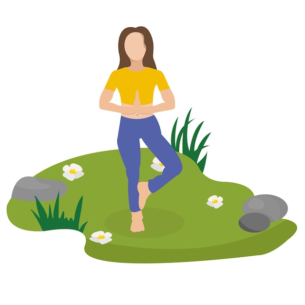 Amazing cartoon girl in yoga practices on nature Practice of yoga Vector illustration