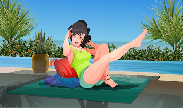 Amazing cute girl is engaged in aerobics, gymnastics, yoga. the girl lies on pillows and raises her legs up in beautiful interior scene. practice of sports on the sea.  illustration