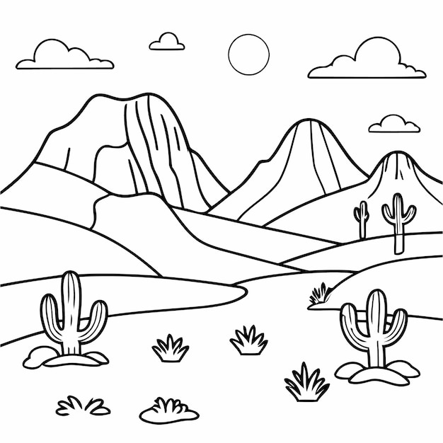 Vector amazing desert landscape doodle for toddlers colouring page