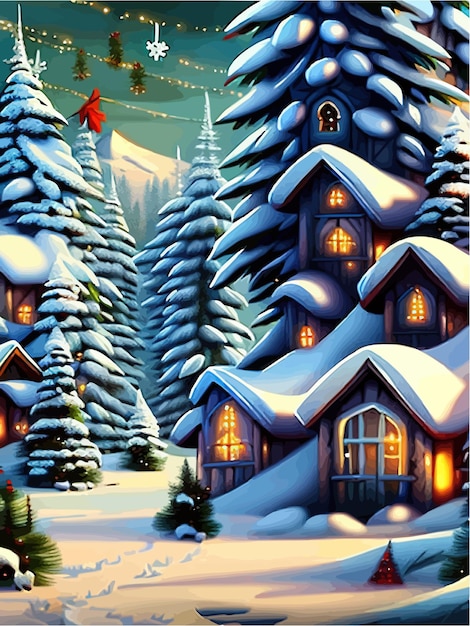 Vector amazing fairy tale christmas house decorated with christmas lights in a magical pine forest unusual