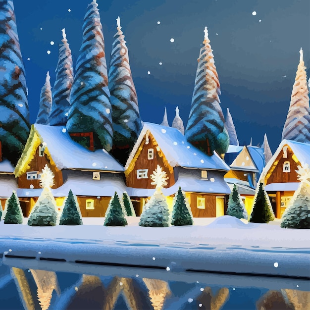 Vector amazing fairy tale christmas house decorated with christmas lights in a magical pine forest unusual