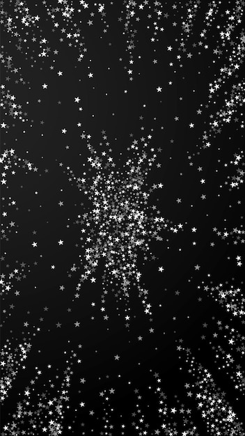 Vettore stelle cadenti stupefacenti fondo di natale. sottili fiocchi di neve volanti e stelle su sfondo nero. adorabile modello di sovrapposizione fiocco di neve d'argento invernale. illustrazione verticale ben fatta.