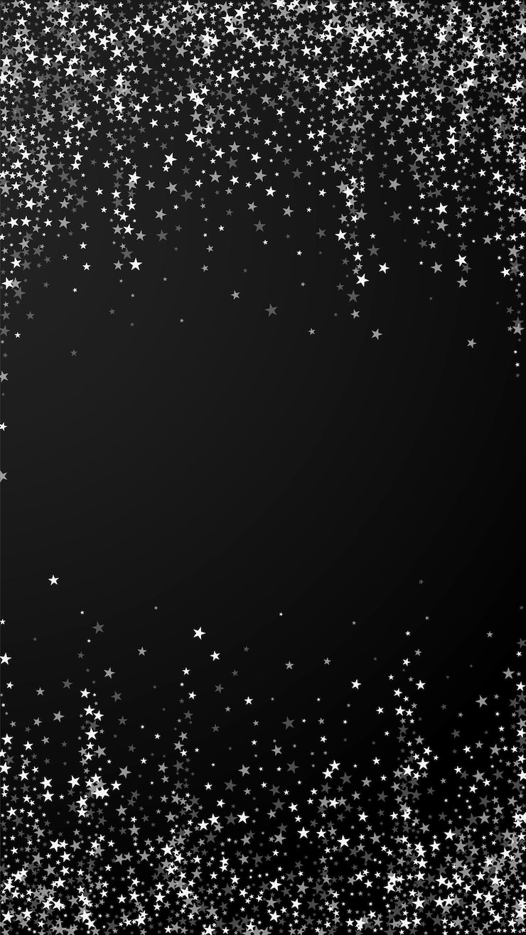 Vector amazing falling stars christmas background. subtle flying snow flakes and stars on black background. alluring winter silver snowflake overlay template. lively vertical illustration.