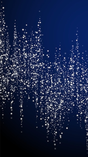 Stelle cadenti stupefacenti fondo di natale. sottili fiocchi di neve volanti e stelle su sfondo blu scuro. modello di sovrapposizione di fiocchi di neve d'argento vivi di inverno. illustrazione verticale perfetta.