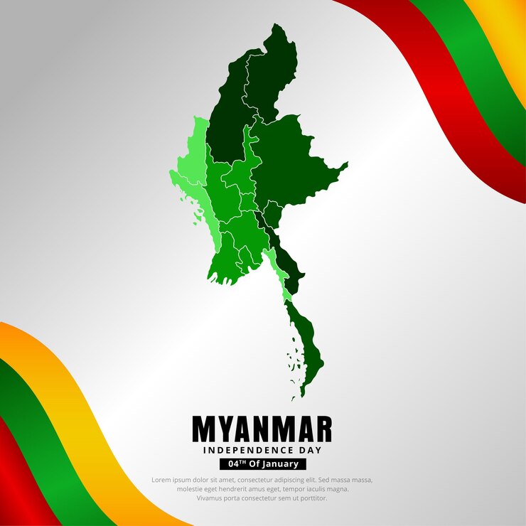 Vector amazing myanmar independence day background with wavy flag and maps