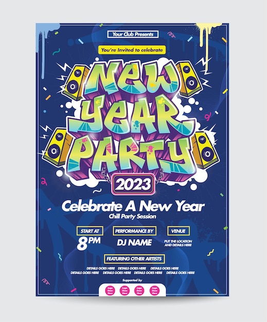 낙서 스타일의 놀라운 신년 파티 전단지 또는 포스터 디자인 템플릿