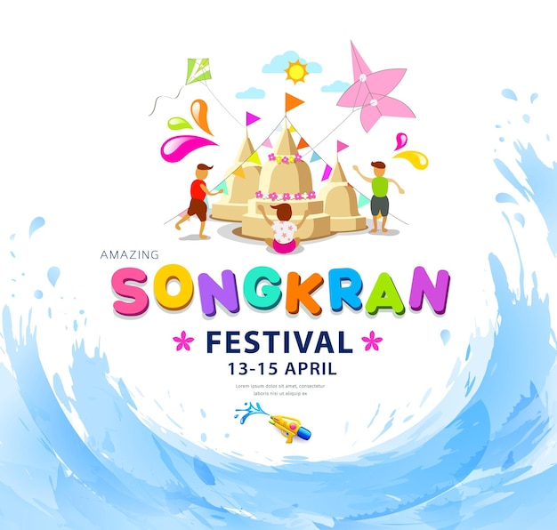 Amazing Songkran festival thailand childern playing sand pagoda and kite on water splash background