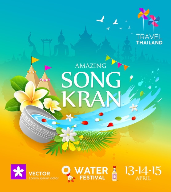 Vettore fondo variopinto di progettazione del manifesto della tailandia di viaggio di festival di songkran stupefacente, illustrazione