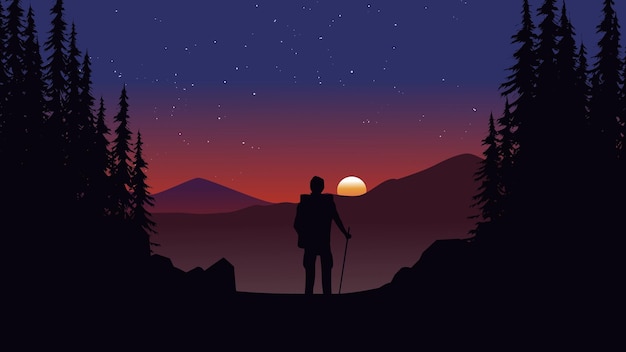 Vector amazing sunset in mountain forest with an explorer looking at the mountains